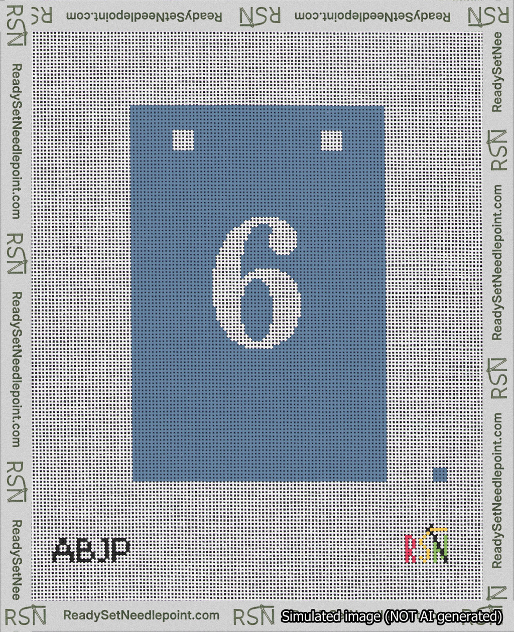 A taped needlepoint canvas with the design: Banner 18 mesh count Squared 6 White on Blue.