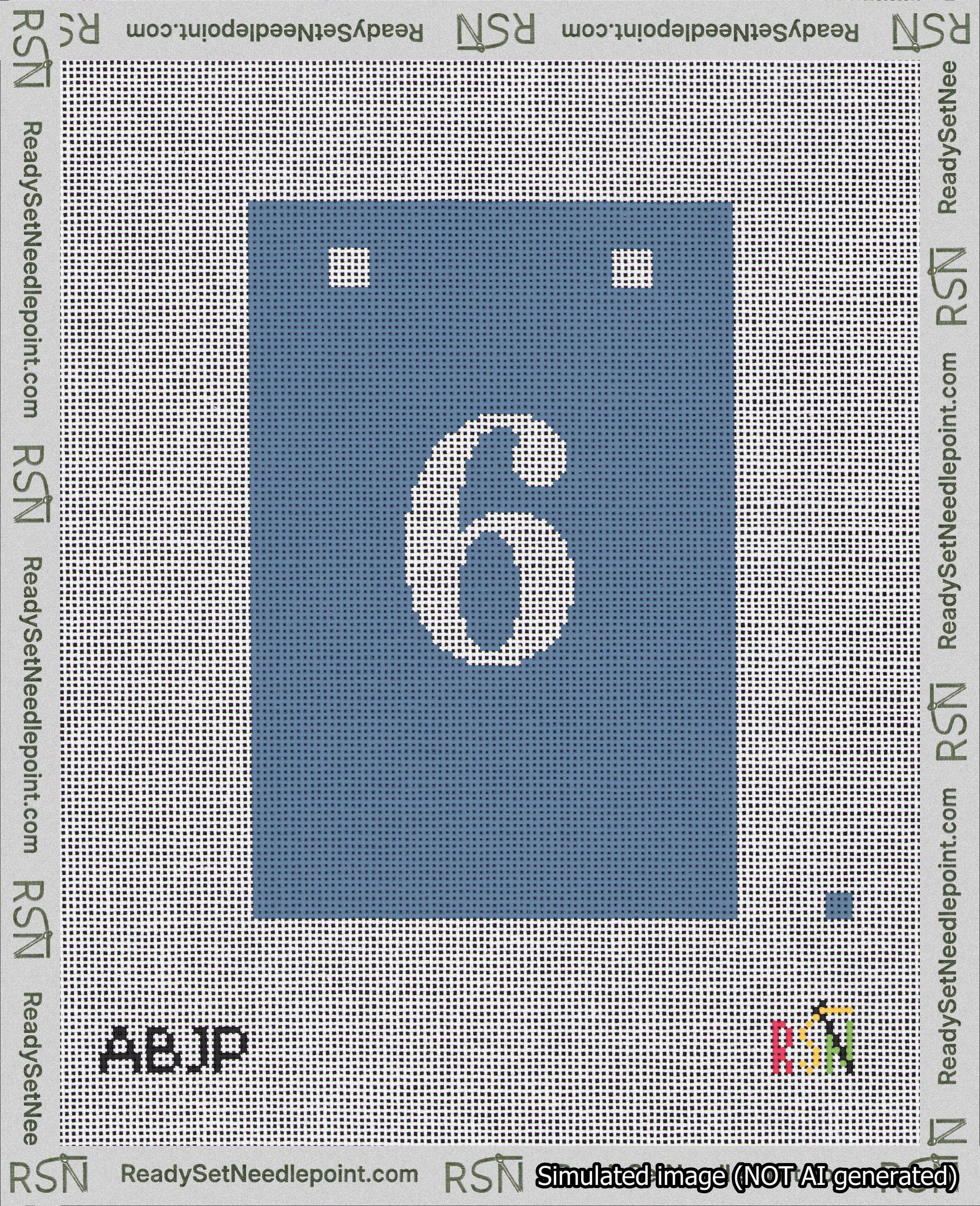A taped needlepoint canvas with the design: Banner 18 mesh count Squared 6 White on Blue.