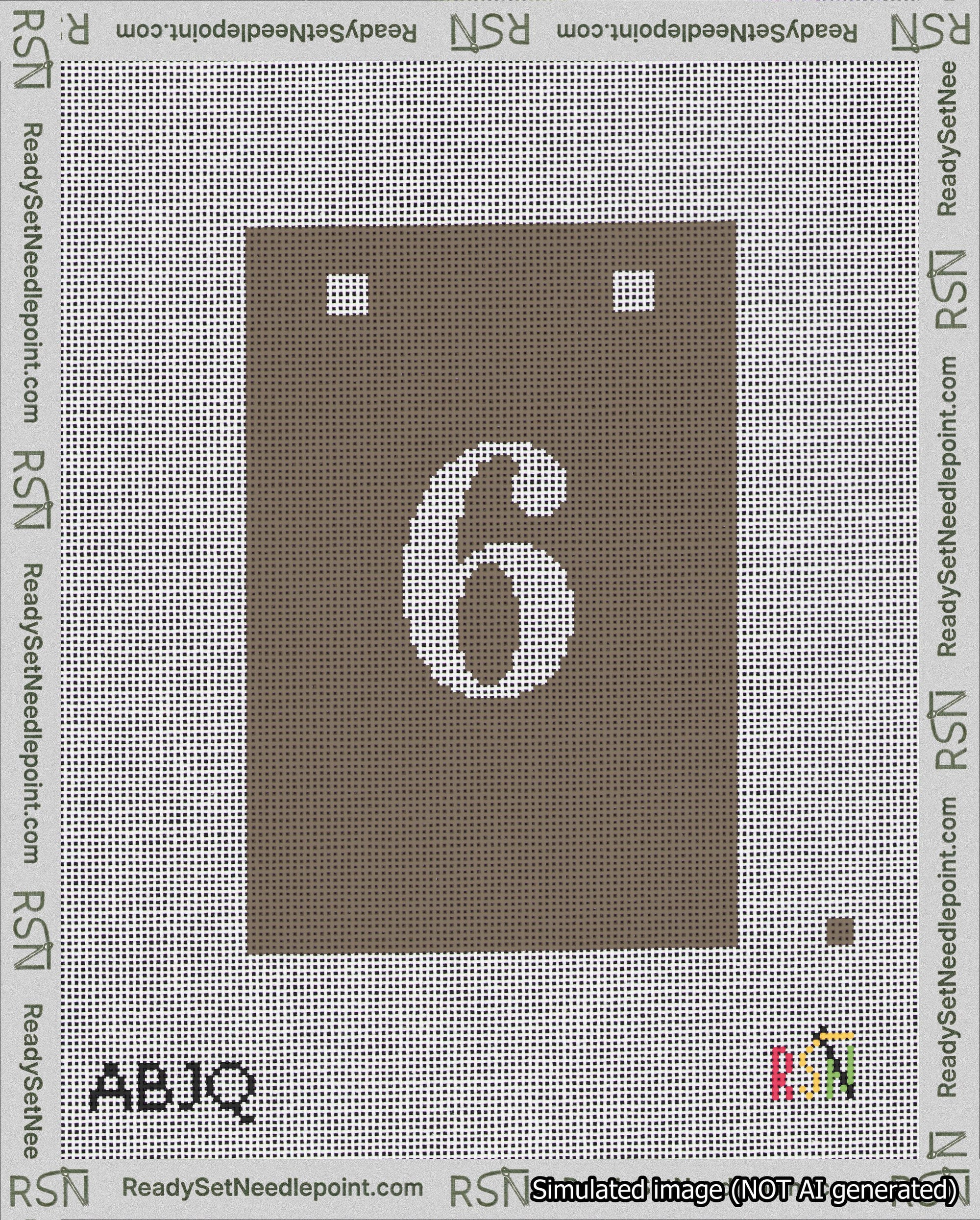 A taped needlepoint canvas with the design: Banner 18 mesh count Squared 6 White on Brown.