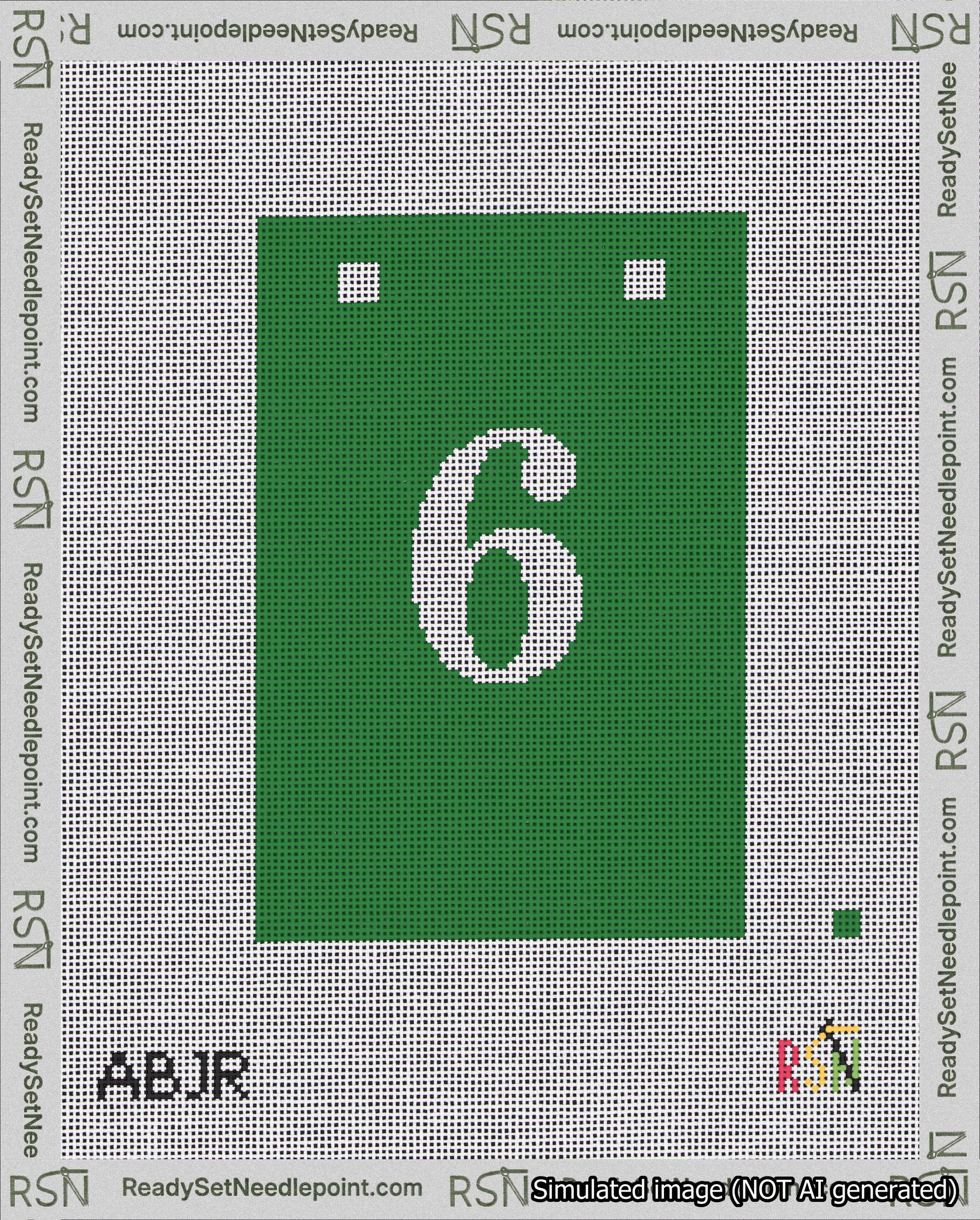 A taped needlepoint canvas with the design: Banner 18 mesh count Squared 6 White on Green.