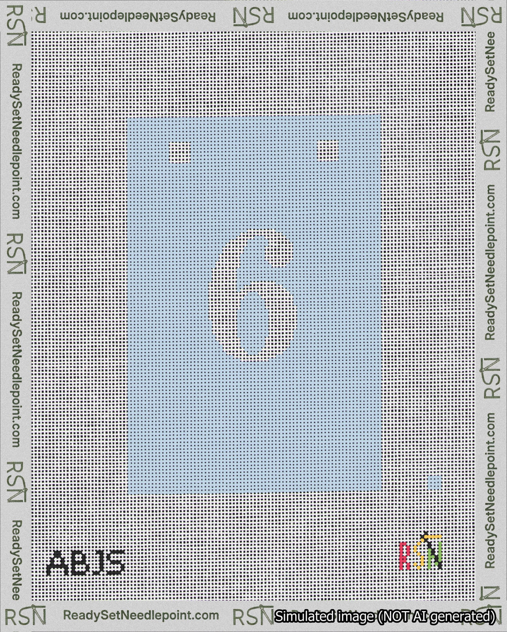 A taped needlepoint canvas with the design: Banner 18 mesh count Squared 6 White on Light Blue.