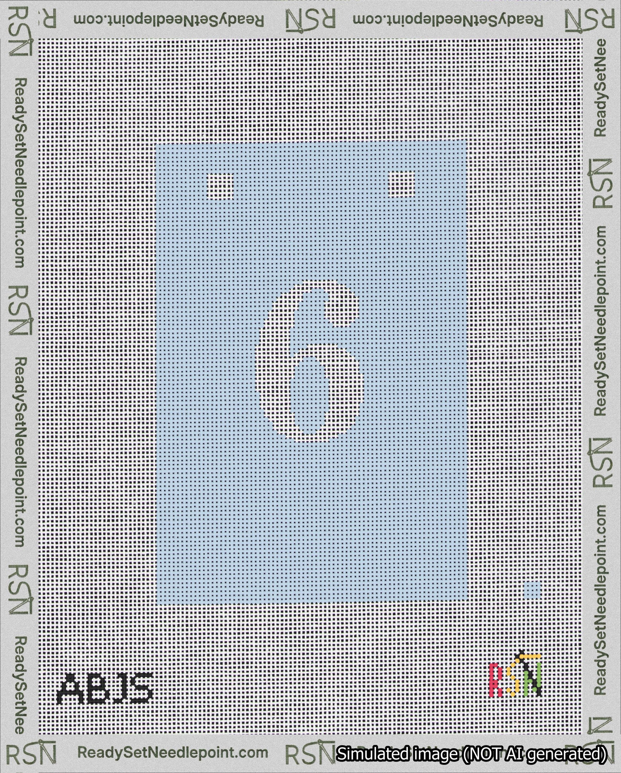 A taped needlepoint canvas with the design: Banner 18 mesh count Squared 6 White on Light Blue.