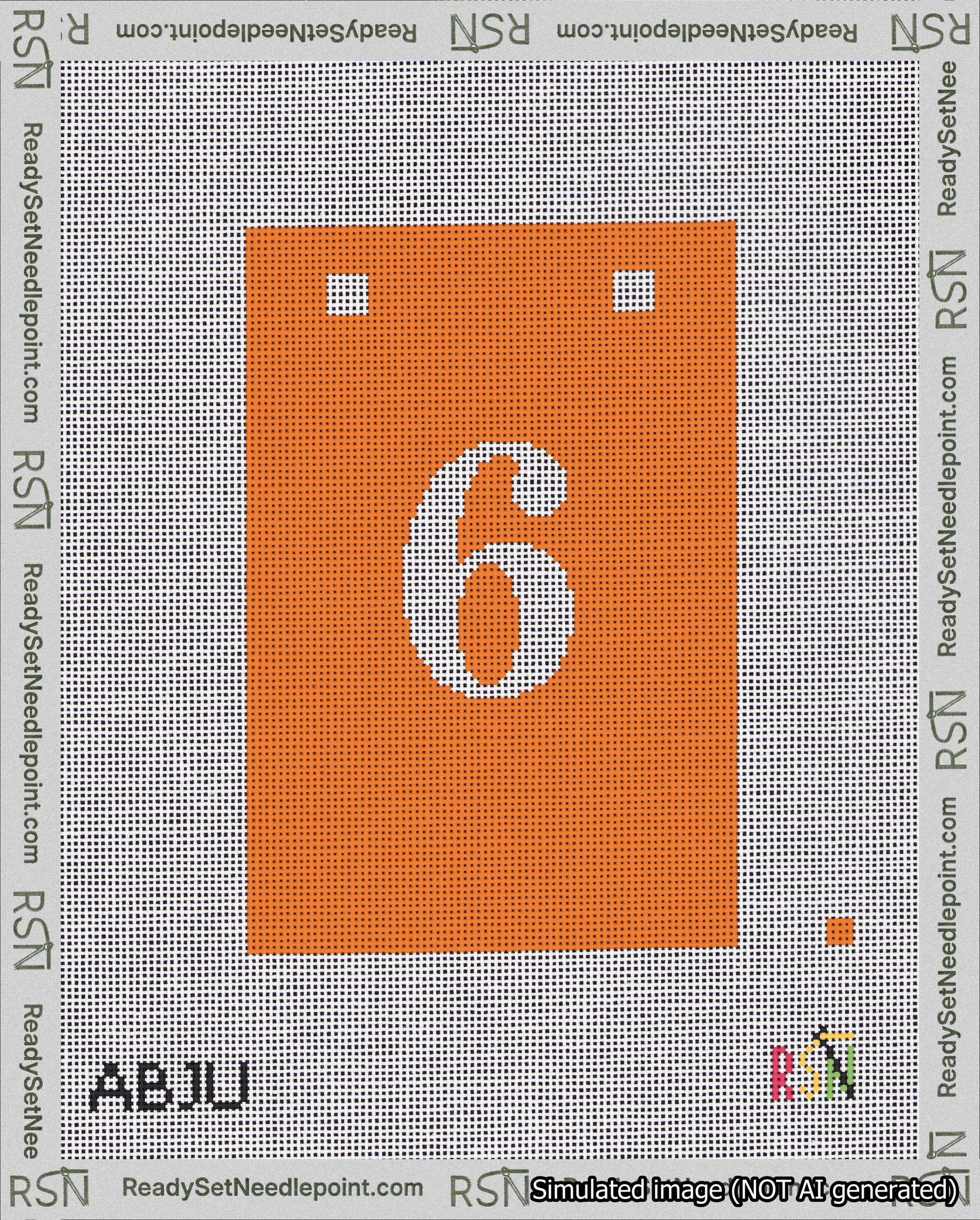 A taped needlepoint canvas with the design: Banner 18 mesh count Squared 6 White on Orange.
