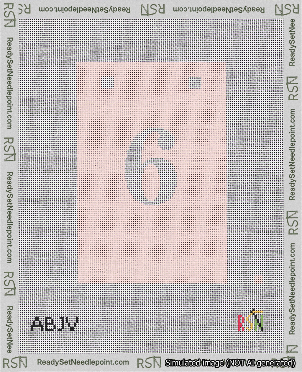 A taped needlepoint canvas with the design: Banner 18 mesh count Squared 6 White on Pink.
