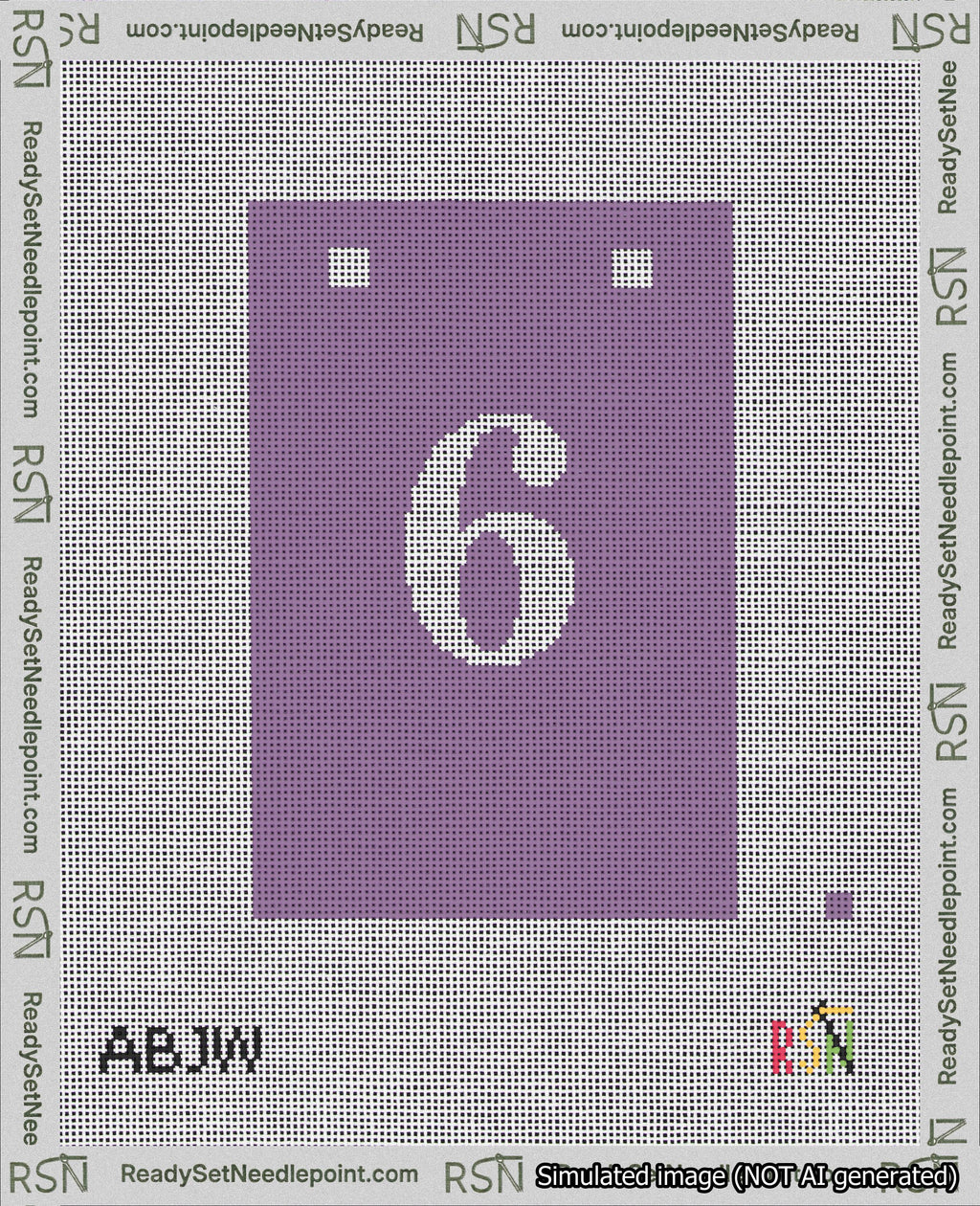 A taped needlepoint canvas with the design: Banner 18 mesh count Squared 6 White on Purple.