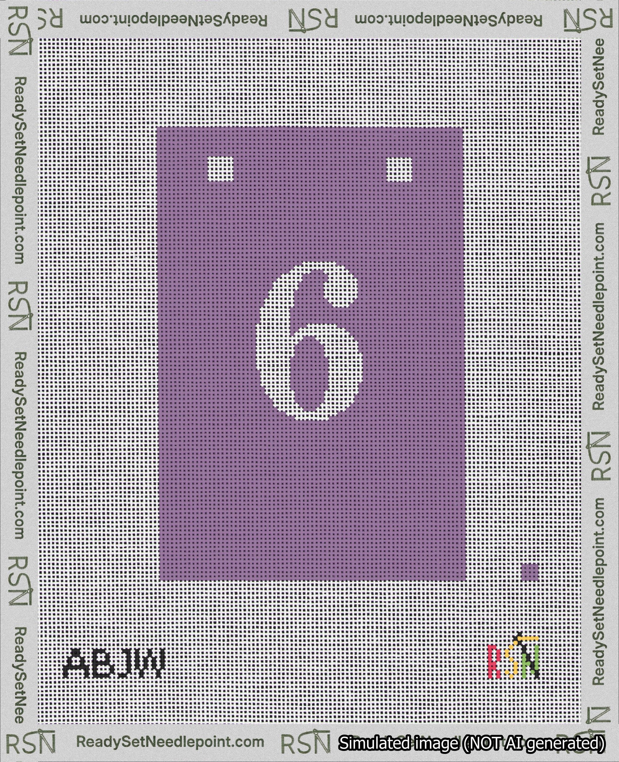 A taped needlepoint canvas with the design: Banner 18 mesh count Squared 6 White on Purple.