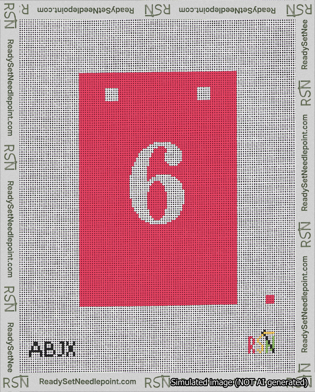 A taped needlepoint canvas with the design: Banner 18 mesh count Squared 6 White on Red.