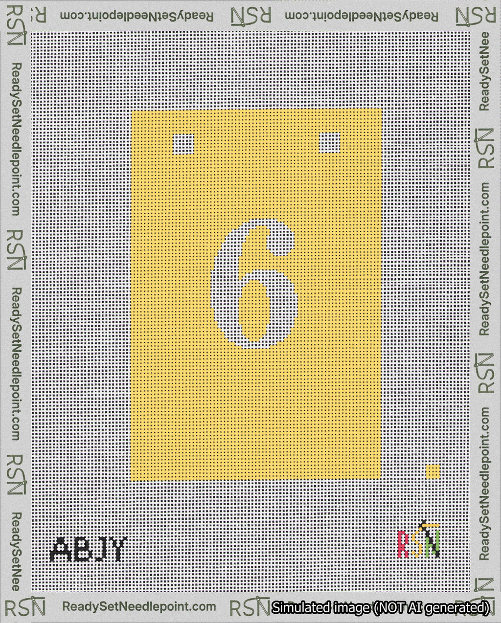 A taped needlepoint canvas with the design: Banner 18 mesh count Squared 6 White on Yellow.