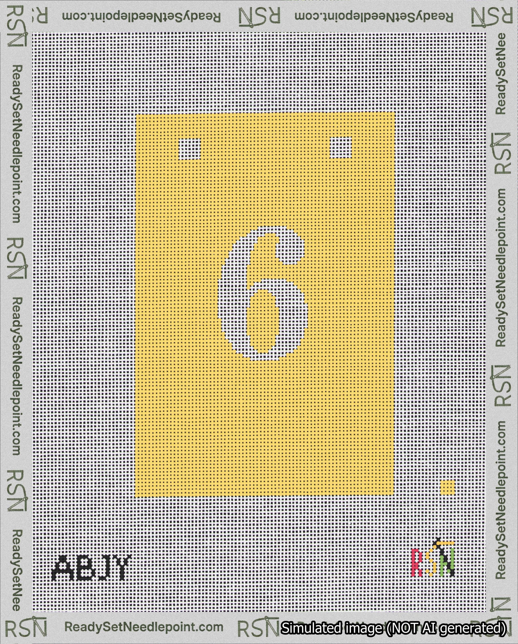 A taped needlepoint canvas with the design: Banner 18 mesh count Squared 6 White on Yellow.