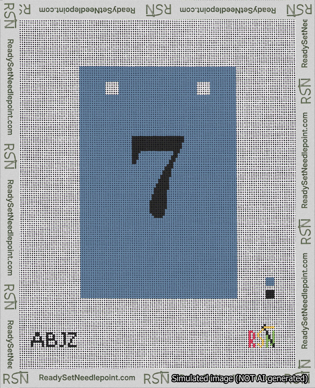 A taped needlepoint canvas with the design: Banner 18 mesh count Squared 7 Black on Blue.