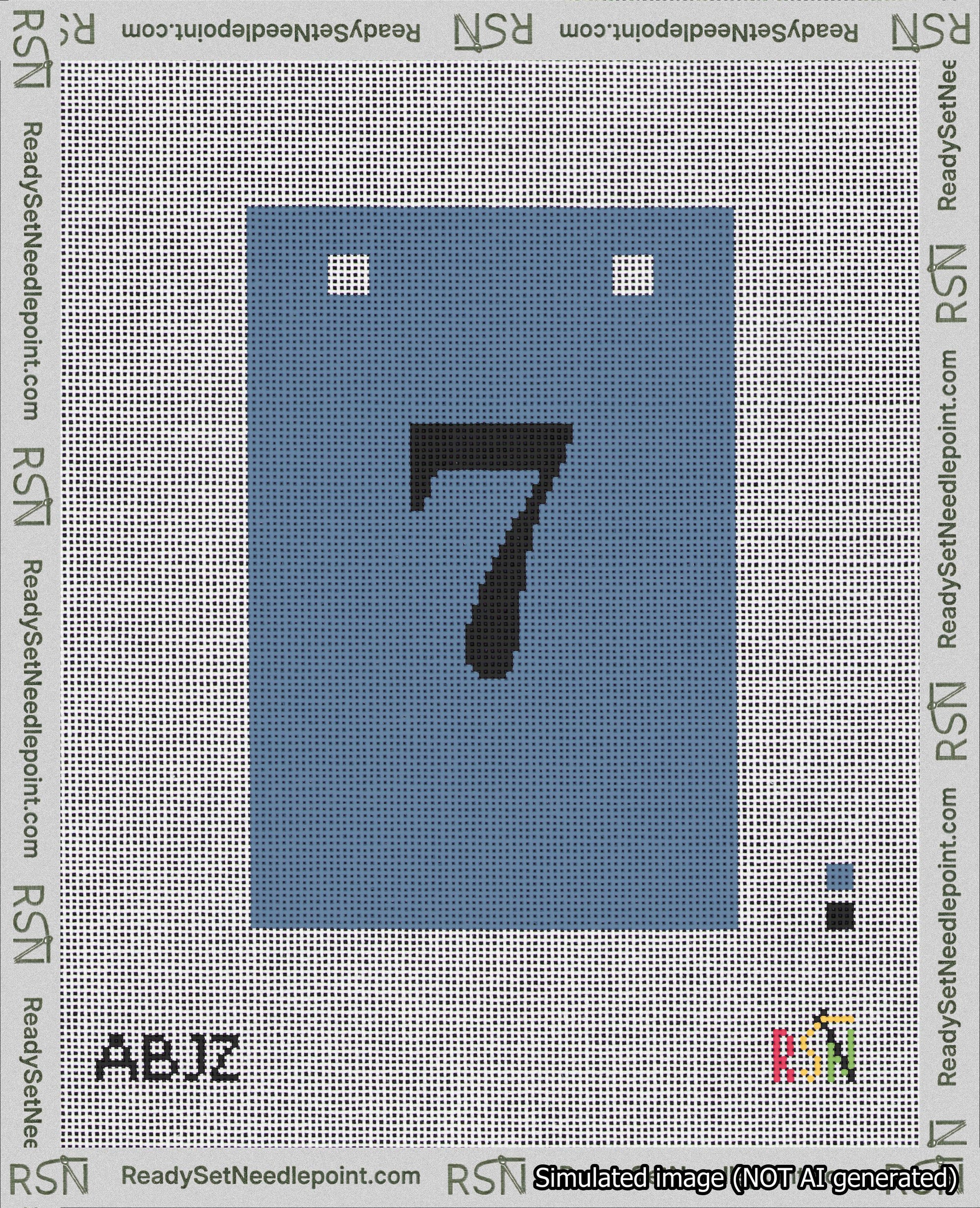 A taped needlepoint canvas with the design: Banner 18 mesh count Squared 7 Black on Blue.