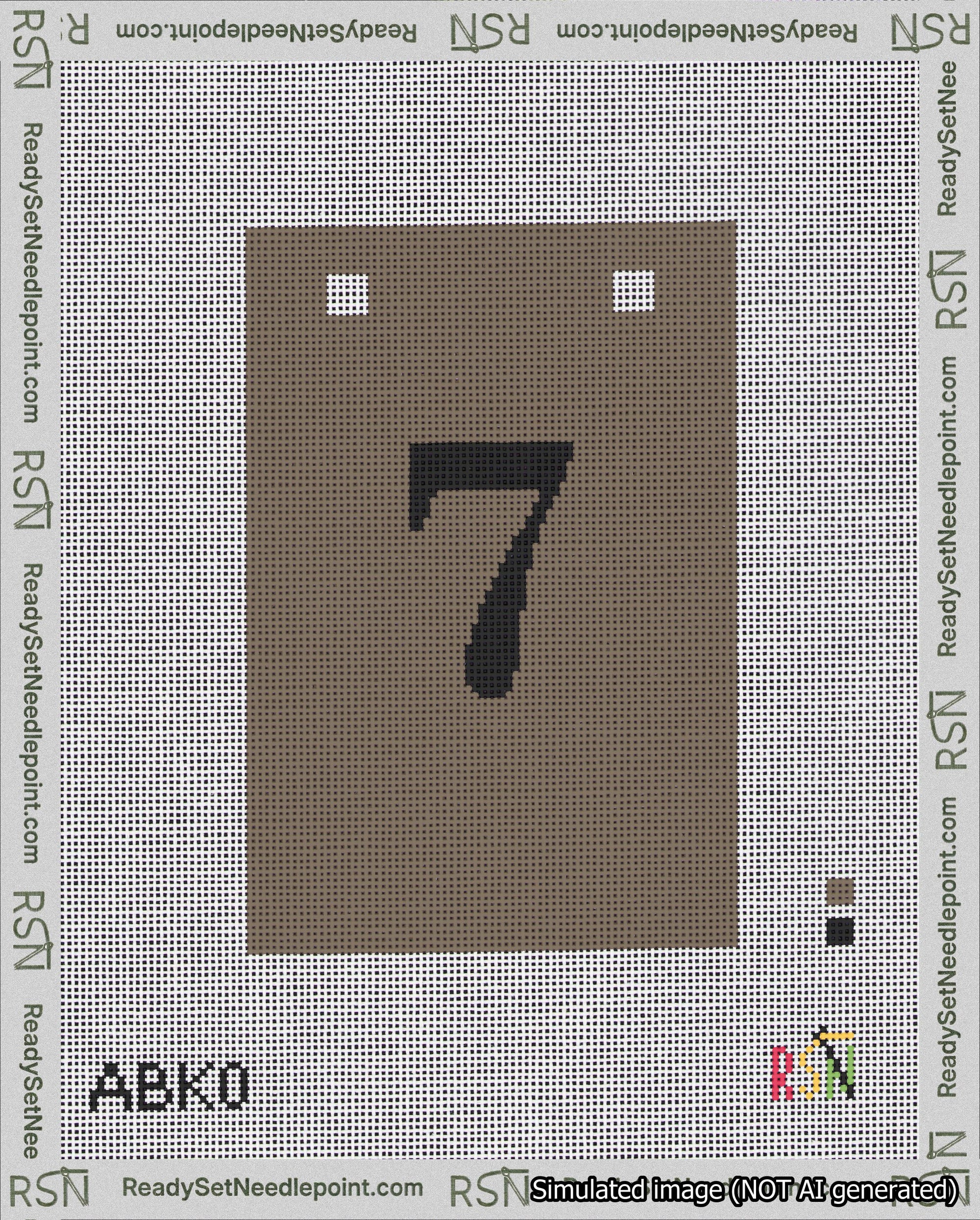 A taped needlepoint canvas with the design: Banner 18 mesh count Squared 7 Black on Brown.