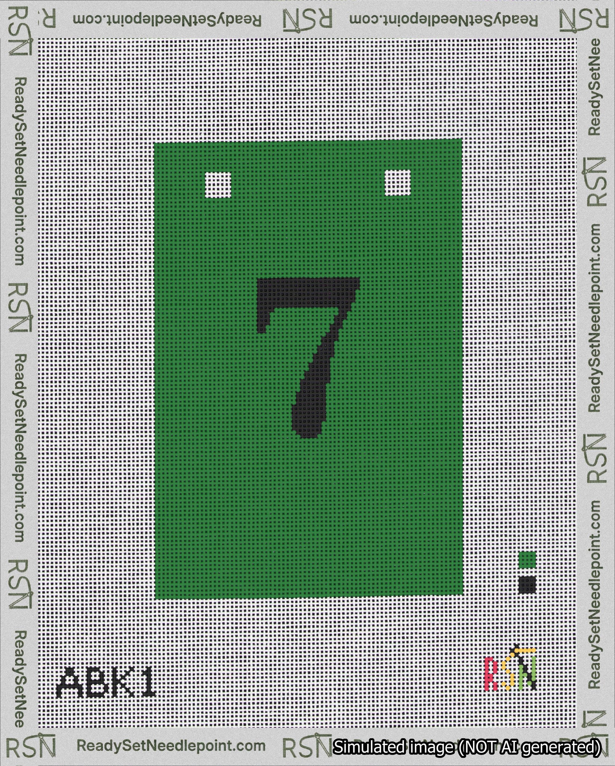 A taped needlepoint canvas with the design: Banner 18 mesh count Squared 7 Black on Green.