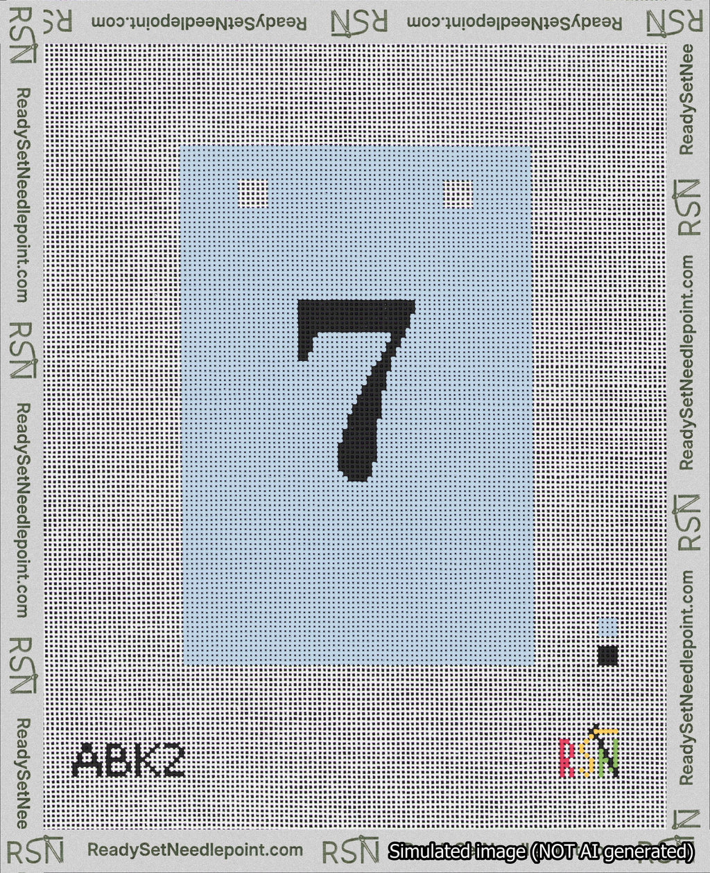 A taped needlepoint canvas with the design: Banner 18 mesh count Squared 7 Black on Light Blue.