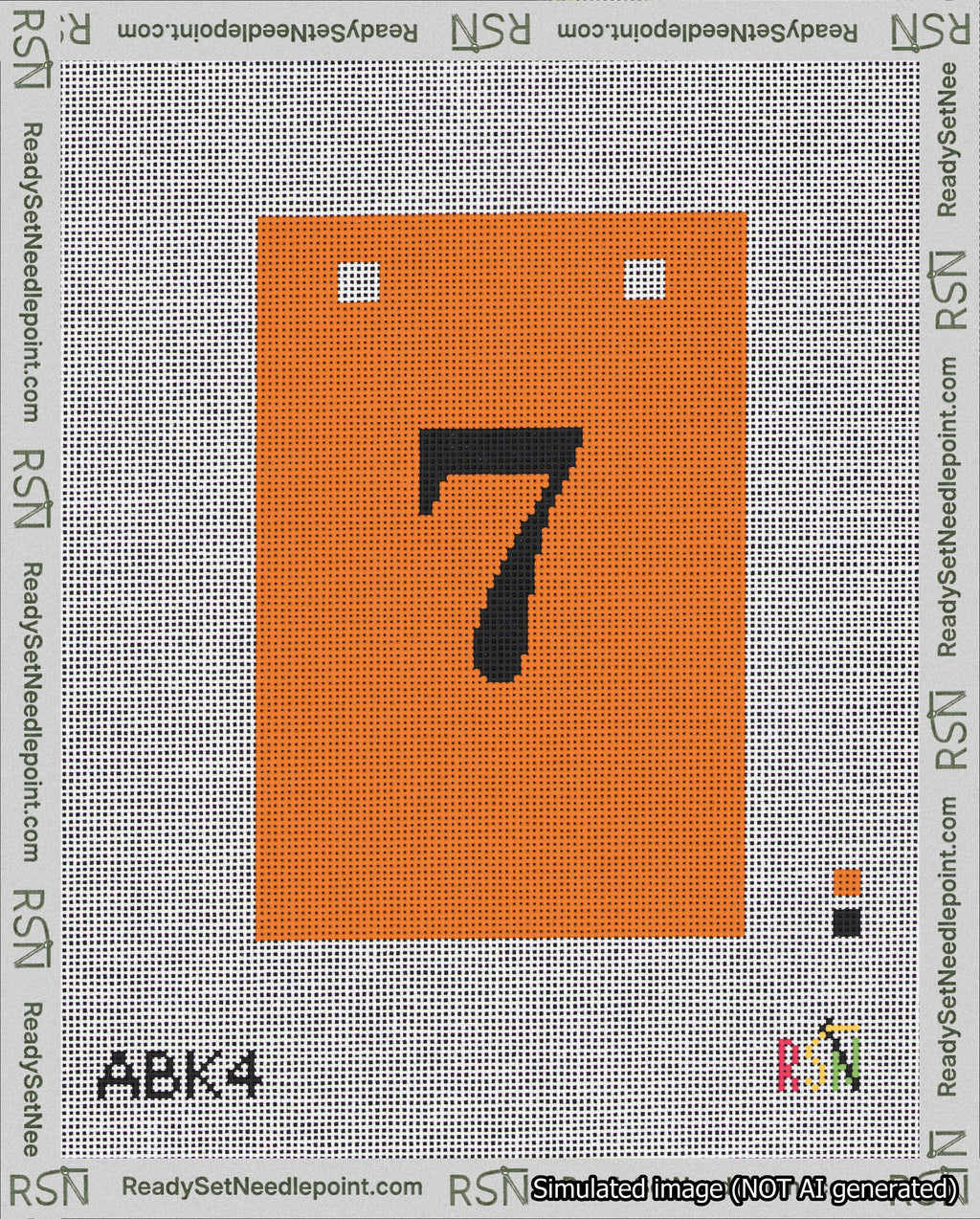 A taped needlepoint canvas with the design: Banner 18 mesh count Squared 7 Black on Orange.