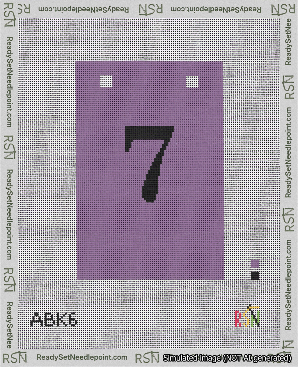 A taped needlepoint canvas with the design: Banner 18 mesh count Squared 7 Black on Purple.