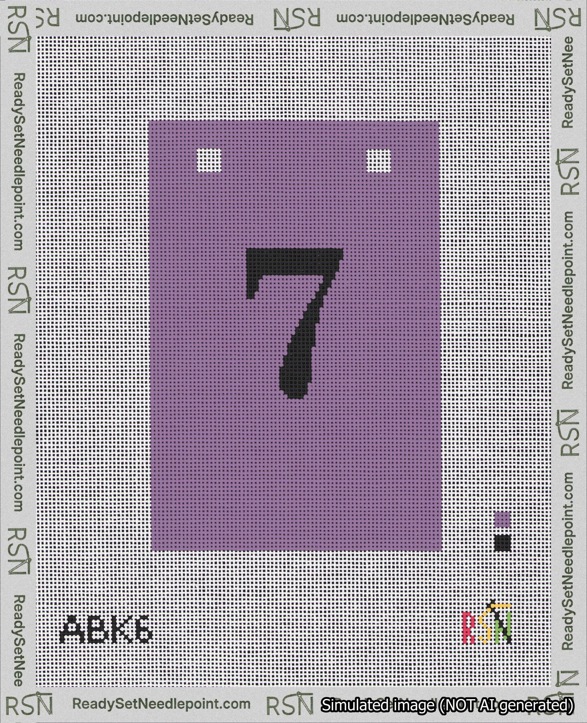 A taped needlepoint canvas with the design: Banner 18 mesh count Squared 7 Black on Purple.