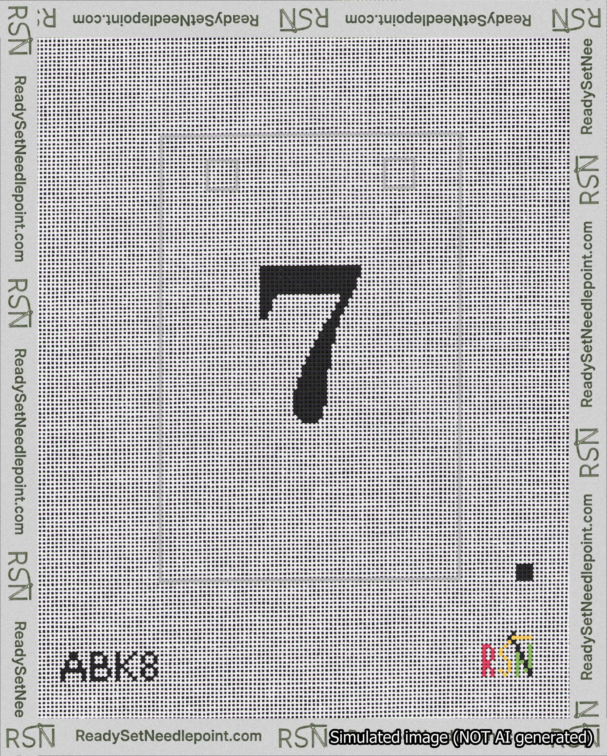 A taped needlepoint canvas with the design: Banner 18 mesh count Squared 7 Black on White.