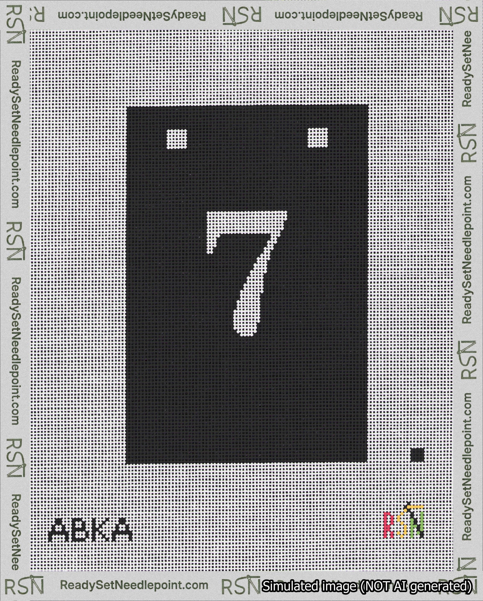 A taped needlepoint canvas with the design: Banner 18 mesh count Squared 7 White on Black.