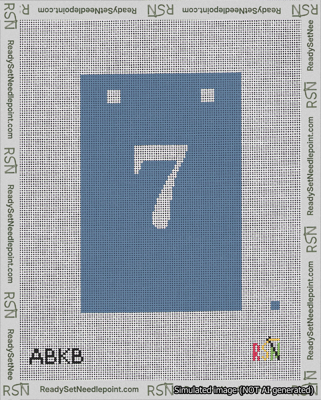 A taped needlepoint canvas with the design: Banner 18 mesh count Squared 7 White on Blue.