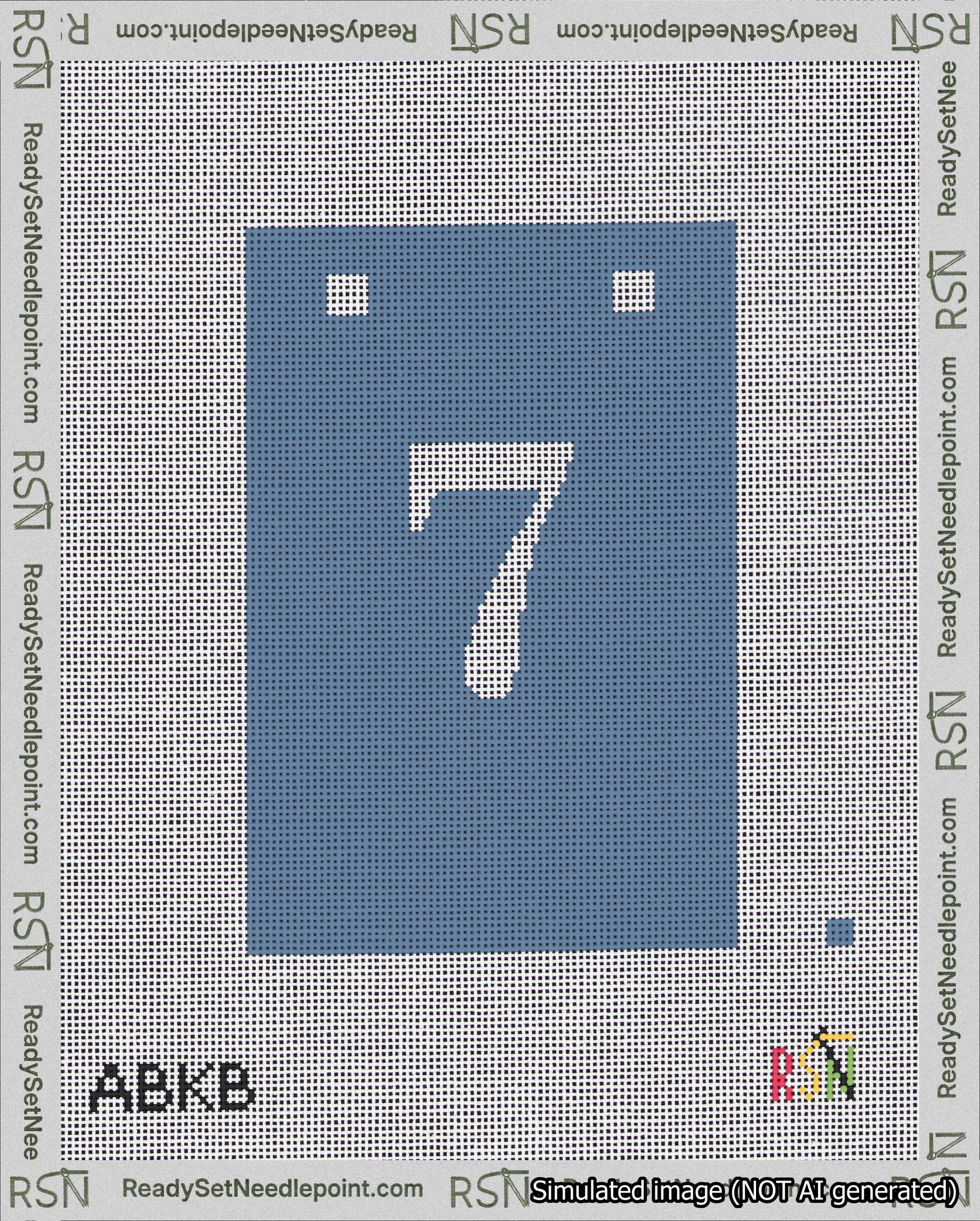 A taped needlepoint canvas with the design: Banner 18 mesh count Squared 7 White on Blue.