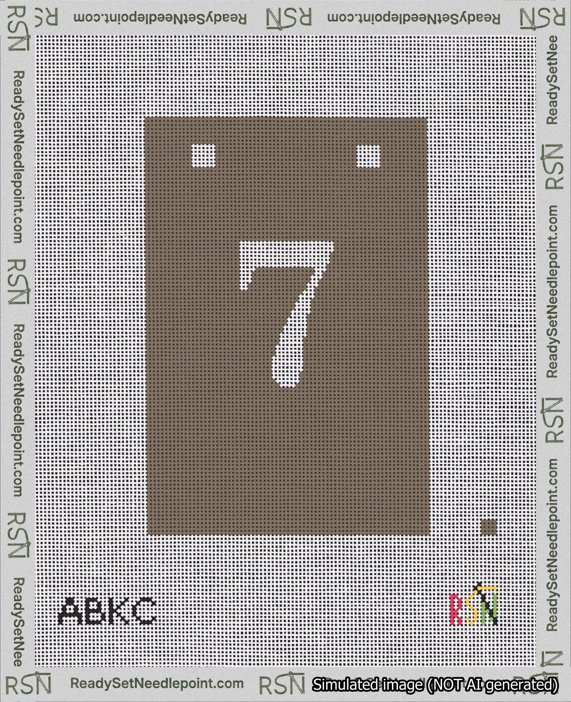 A taped needlepoint canvas with the design: Banner 18 mesh count Squared 7 White on Brown.