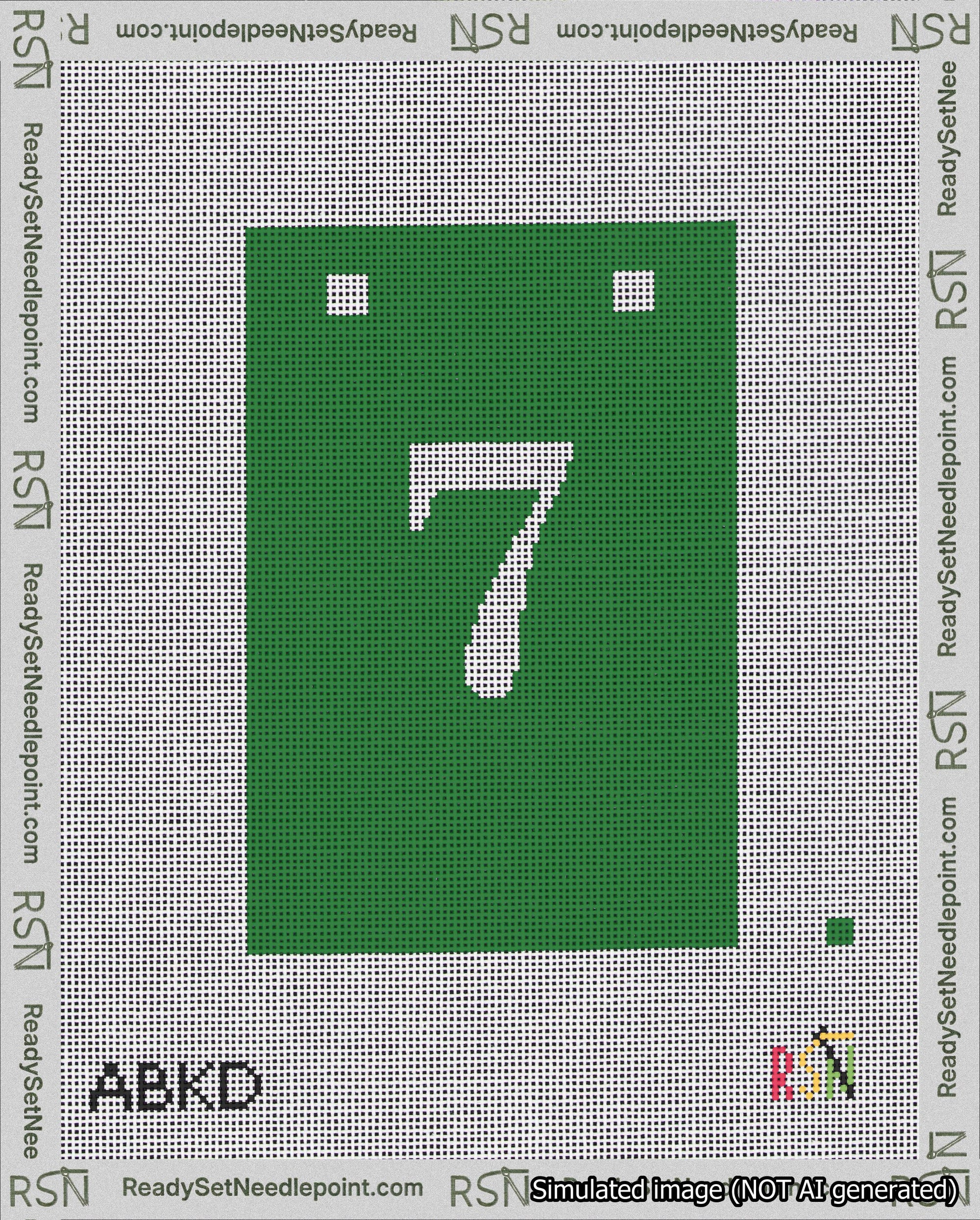 A taped needlepoint canvas with the design: Banner 18 mesh count Squared 7 White on Green.