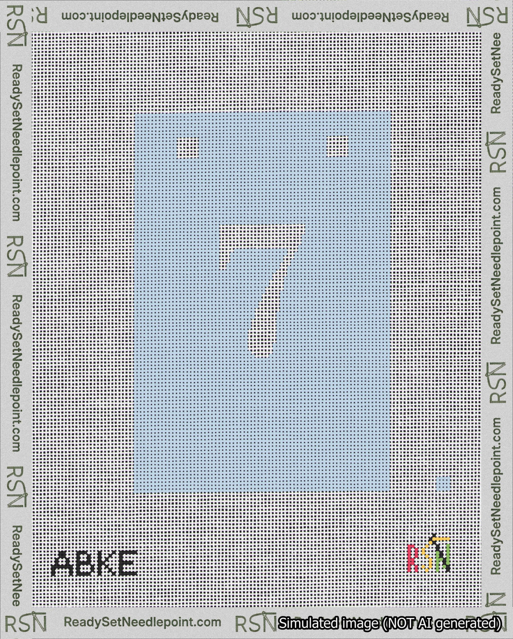 A taped needlepoint canvas with the design: Banner 18 mesh count Squared 7 White on Light Blue.
