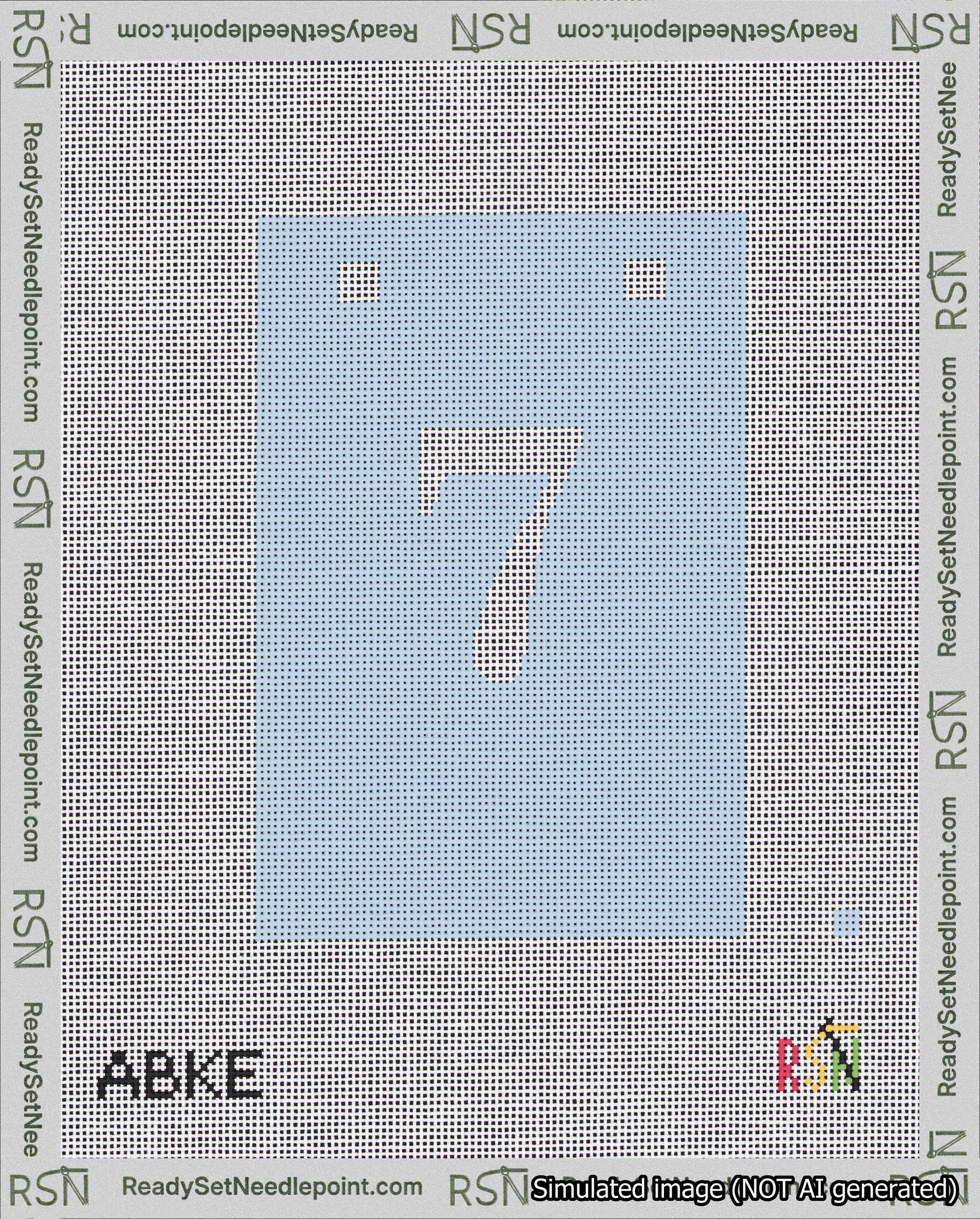 A taped needlepoint canvas with the design: Banner 18 mesh count Squared 7 White on Light Blue.