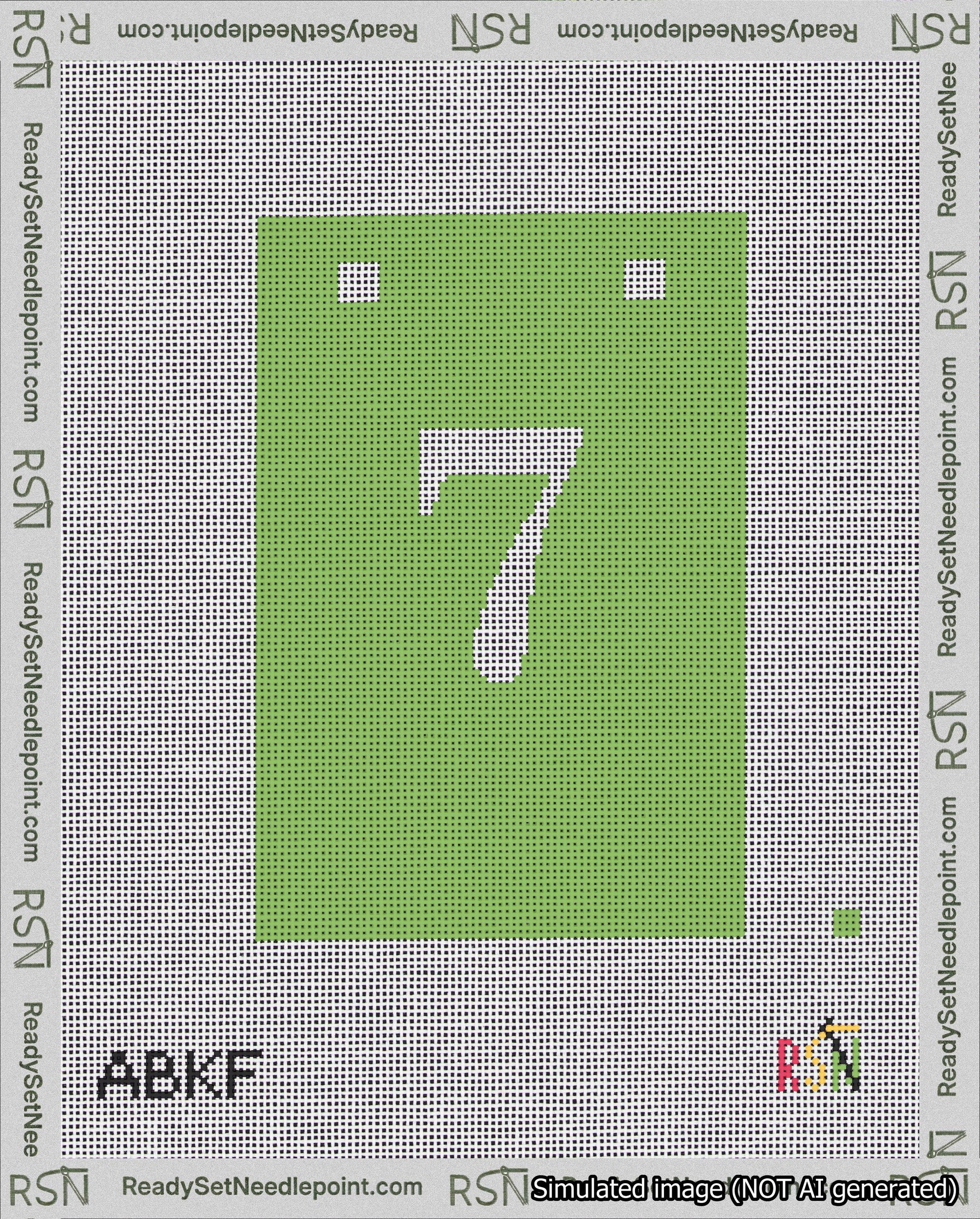 A taped needlepoint canvas with the design: Banner 18 mesh count Squared 7 White on Light Green.