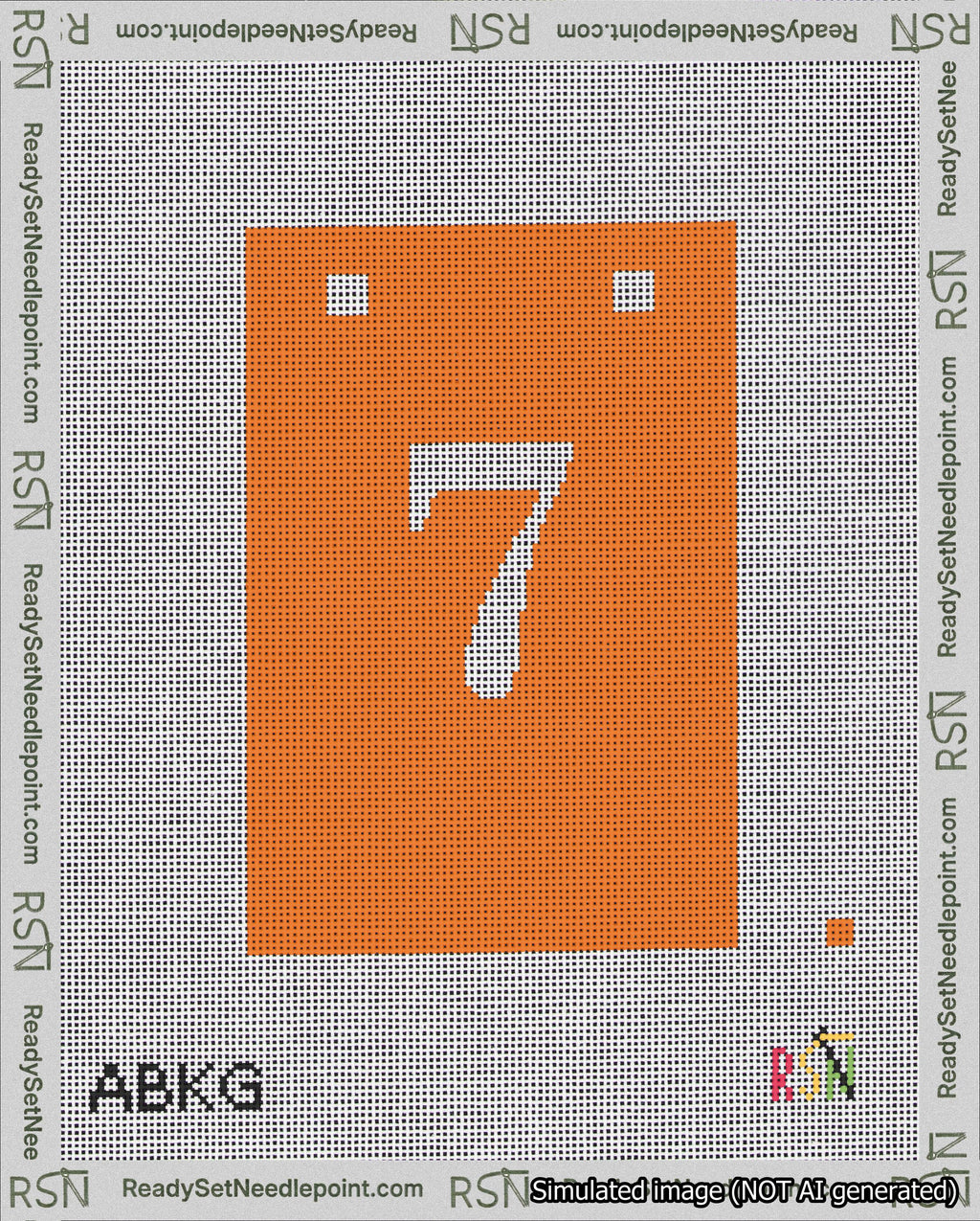 A taped needlepoint canvas with the design: Banner 18 mesh count Squared 7 White on Orange.