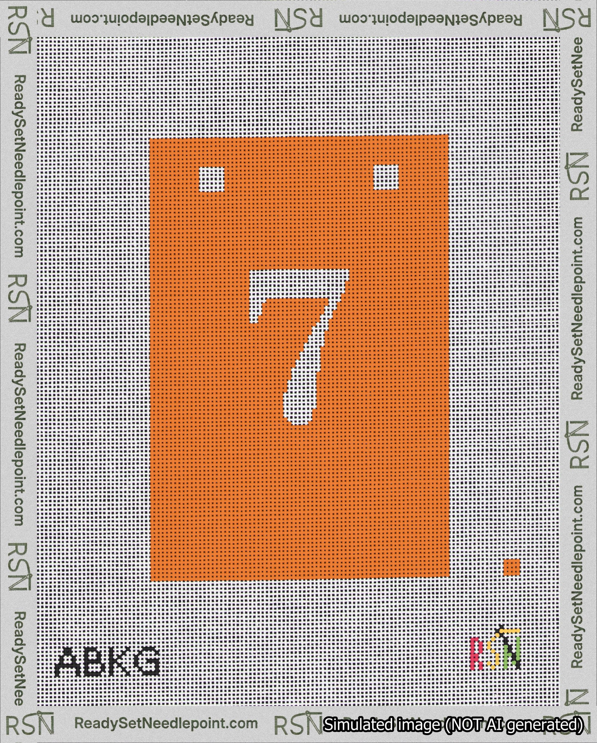 A taped needlepoint canvas with the design: Banner 18 mesh count Squared 7 White on Orange.
