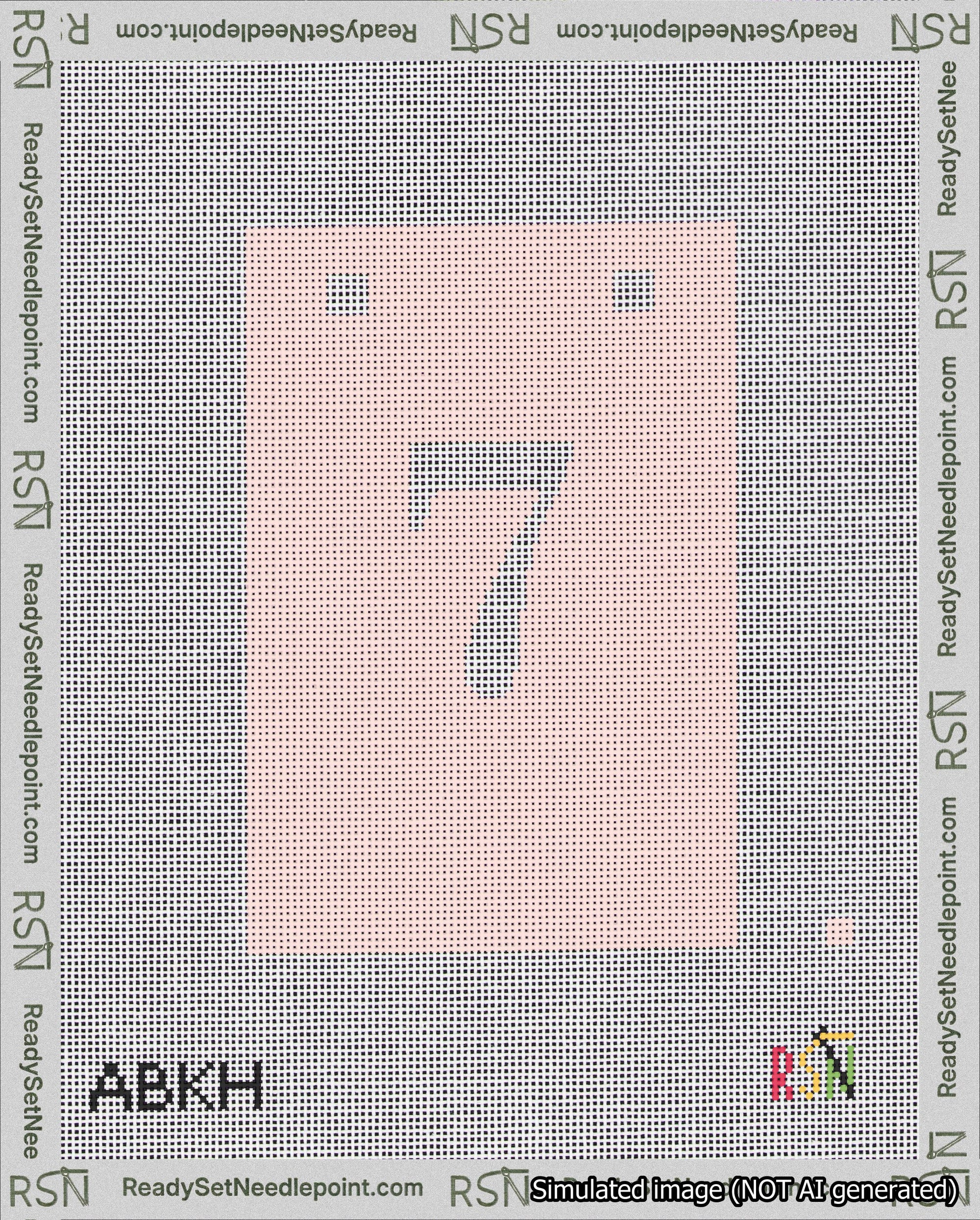 A taped needlepoint canvas with the design: Banner 18 mesh count Squared 7 White on Pink.