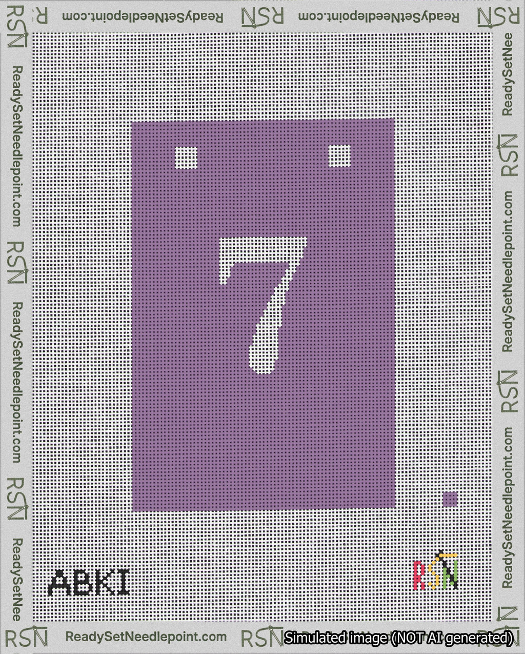 A taped needlepoint canvas with the design: Banner 18 mesh count Squared 7 White on Purple.