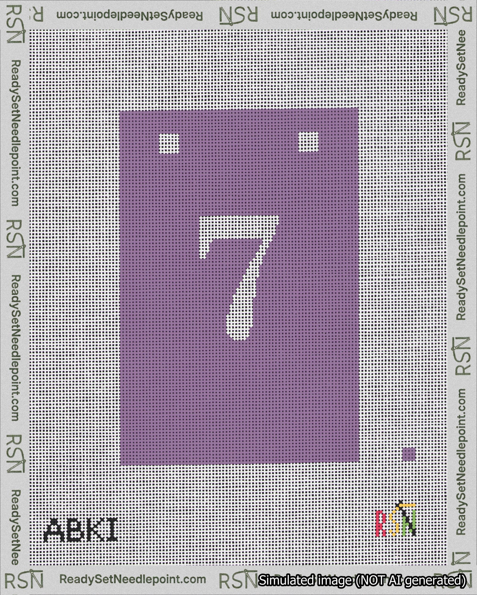 A taped needlepoint canvas with the design: Banner 18 mesh count Squared 7 White on Purple.