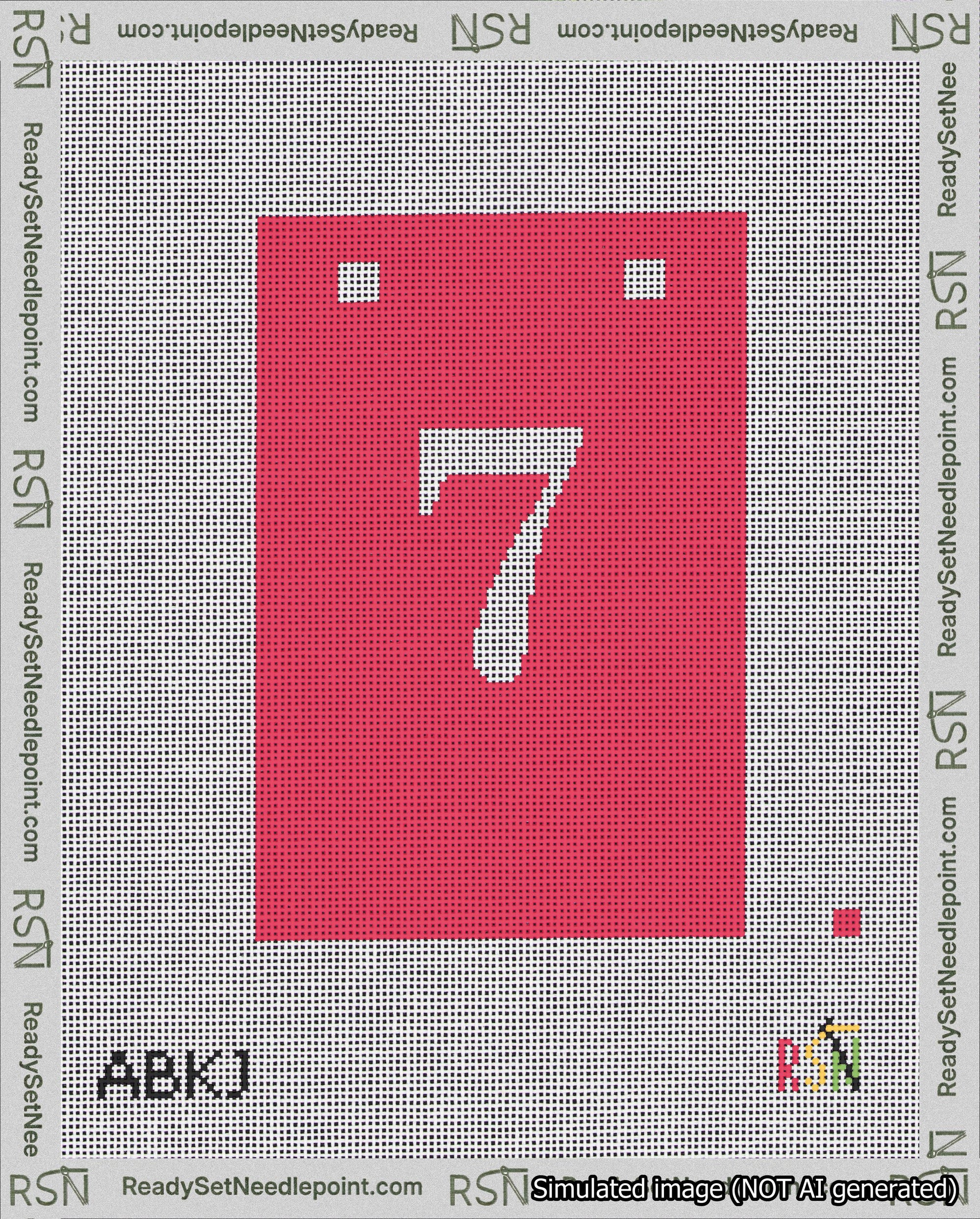 A taped needlepoint canvas with the design: Banner 18 mesh count Squared 7 White on Red.