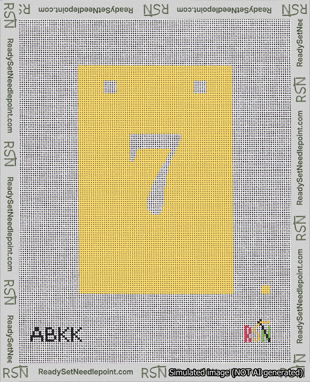 A taped needlepoint canvas with the design: Banner 18 mesh count Squared 7 White on Yellow.