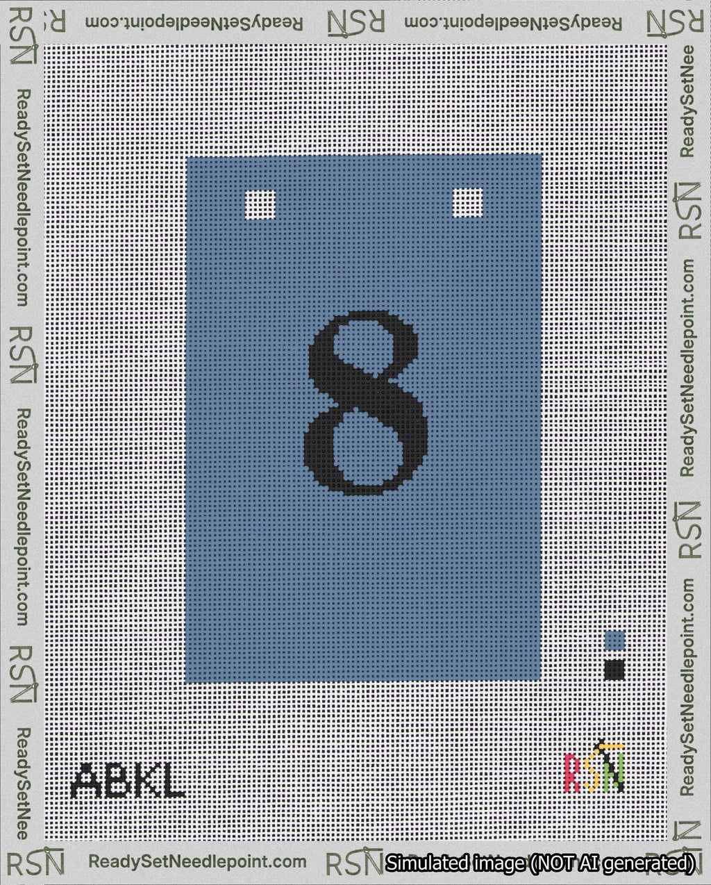 A taped needlepoint canvas with the design: Banner 18 mesh count Squared 8 Black on Blue.