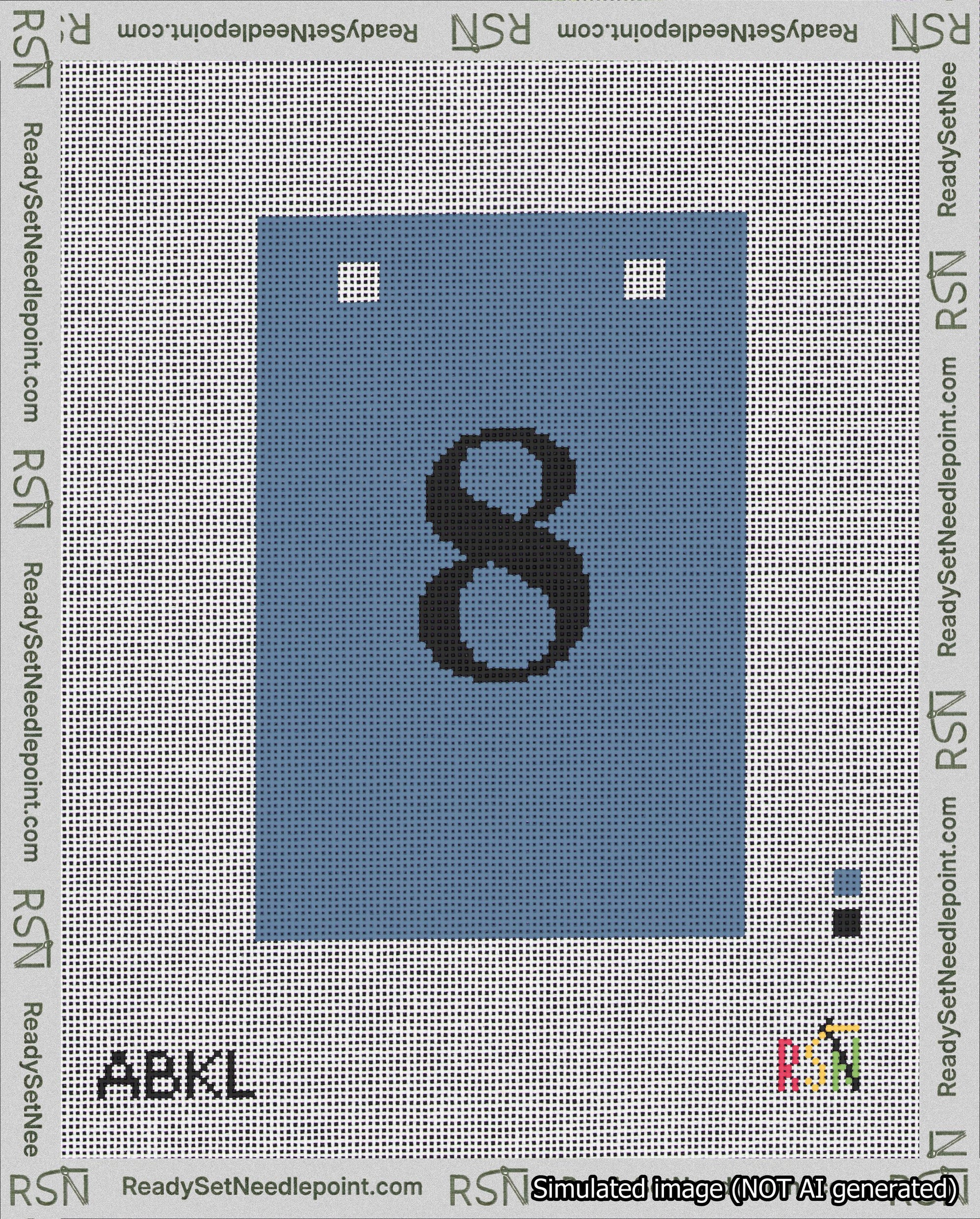 A taped needlepoint canvas with the design: Banner 18 mesh count Squared 8 Black on Blue.