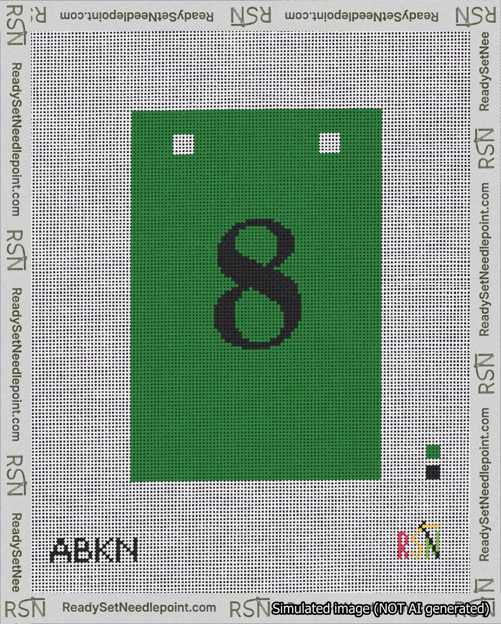 A taped needlepoint canvas with the design: Banner 18 mesh count Squared 8 Black on Green.