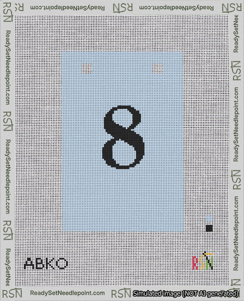 A taped needlepoint canvas with the design: Banner 18 mesh count Squared 8 Black on Light Blue.