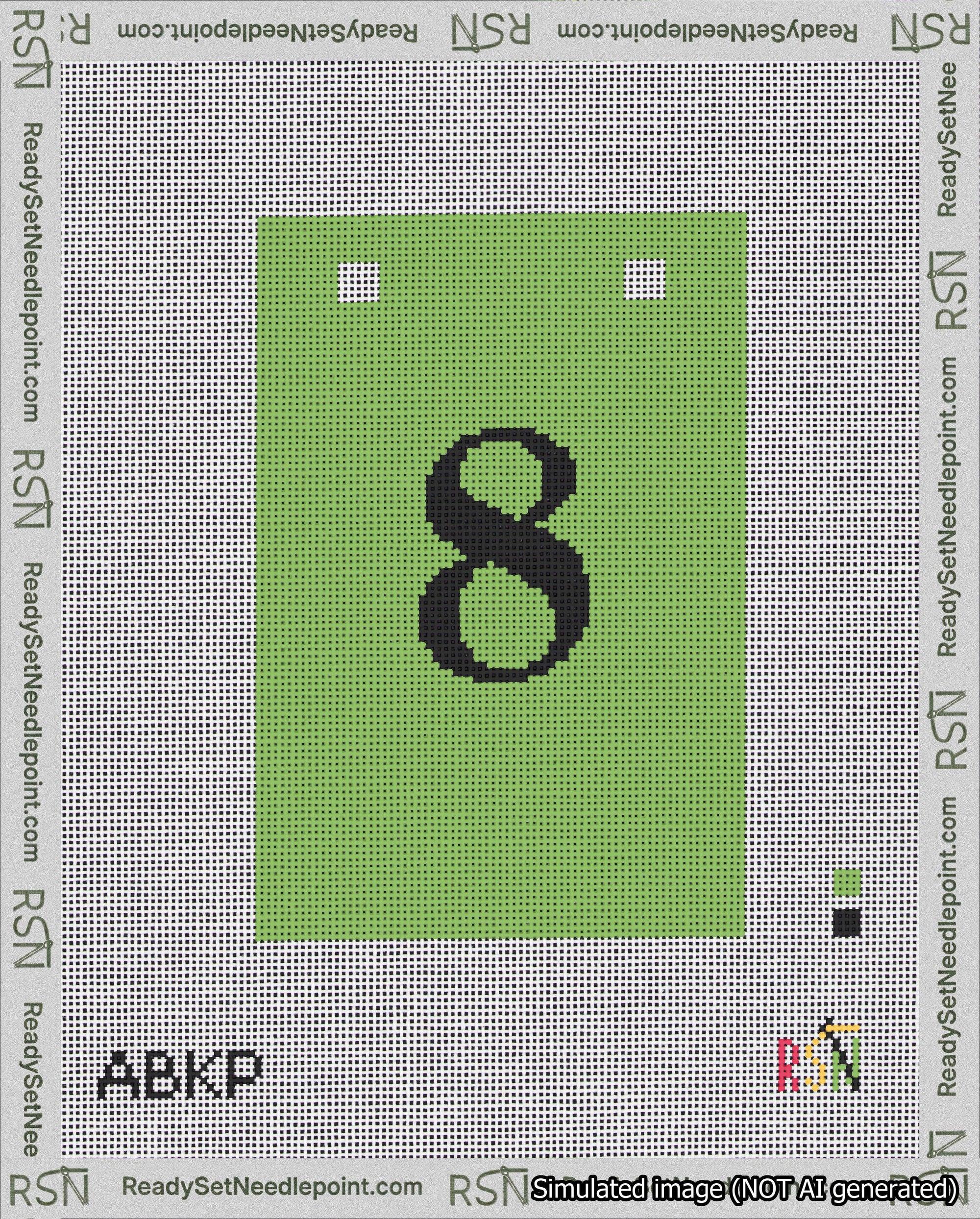 A taped needlepoint canvas with the design: Banner 18 mesh count Squared 8 Black on Light Green.