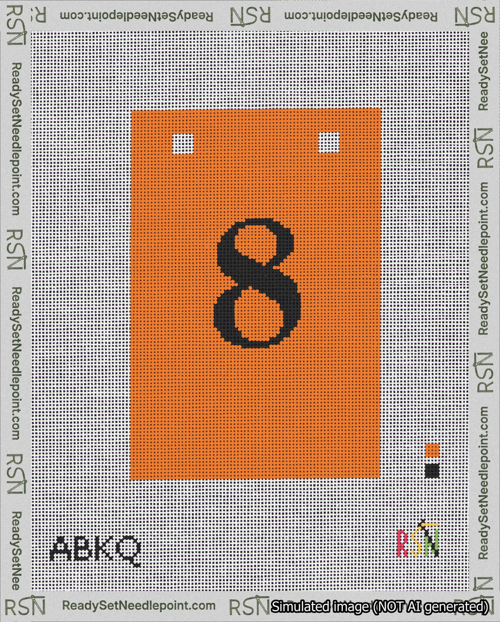 A taped needlepoint canvas with the design: Banner 18 mesh count Squared 8 Black on Orange.