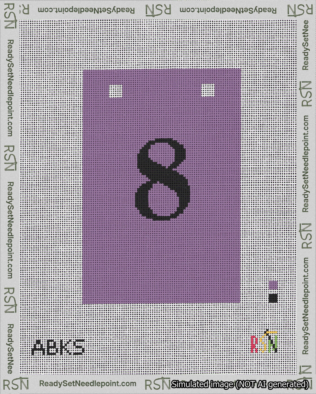 A taped needlepoint canvas with the design: Banner 18 mesh count Squared 8 Black on Purple.