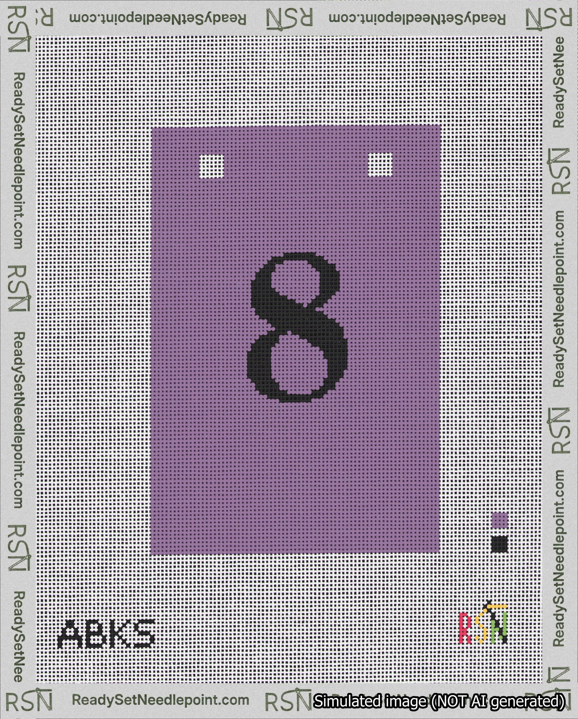 A taped needlepoint canvas with the design: Banner 18 mesh count Squared 8 Black on Purple.