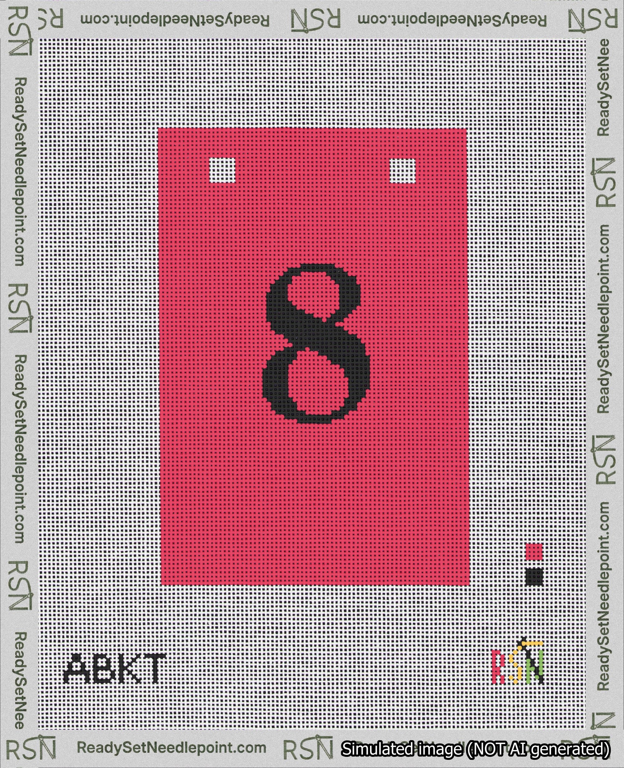 A taped needlepoint canvas with the design: Banner 18 mesh count Squared 8 Black on Red.