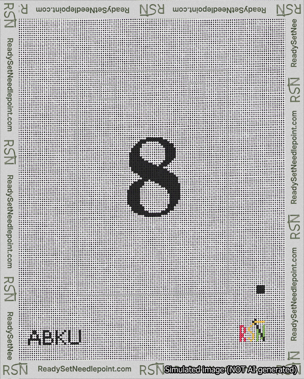A taped needlepoint canvas with the design: Banner 18 mesh count Squared 8 Black on White.