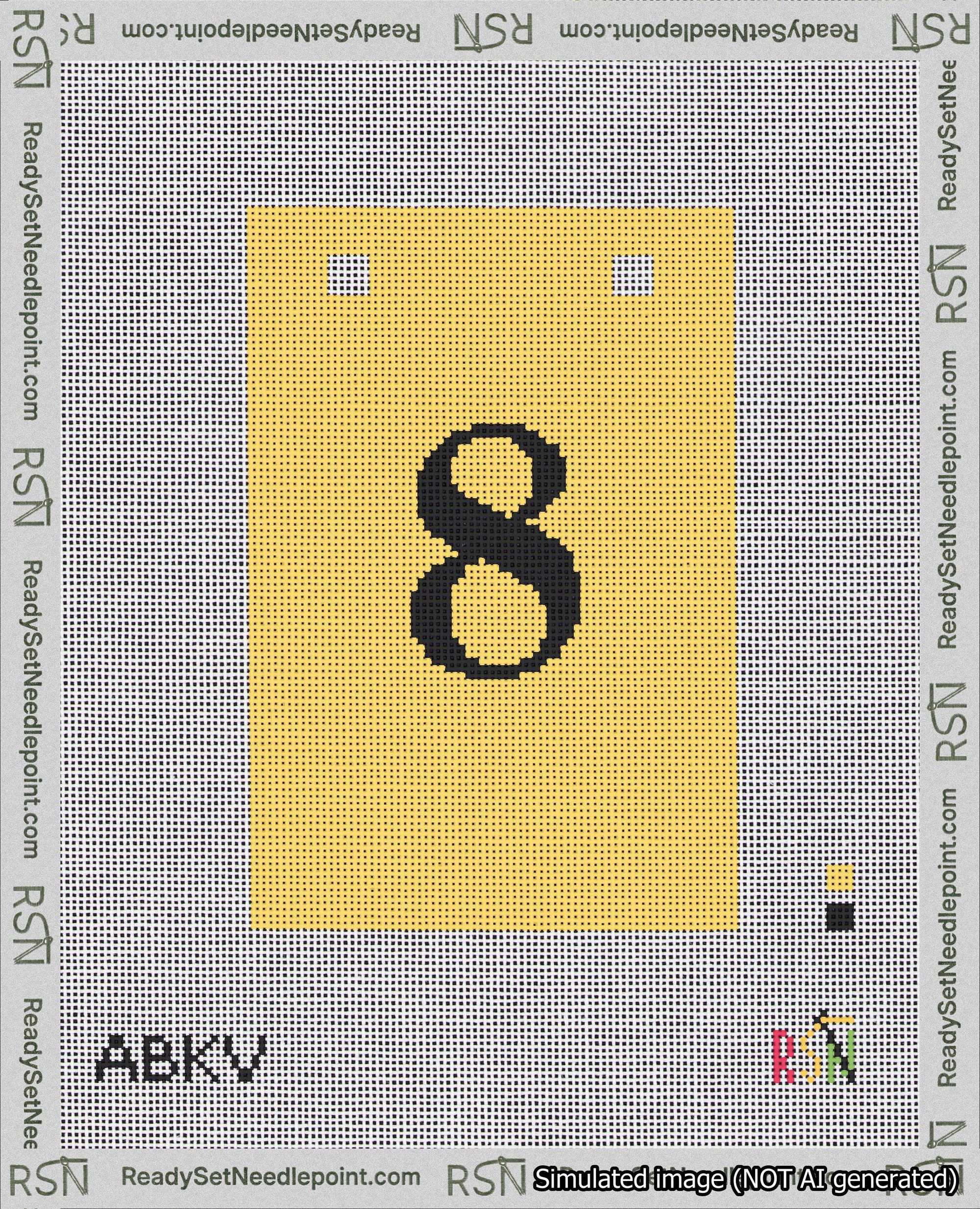 A taped needlepoint canvas with the design: Banner 18 mesh count Squared 8 Black on Yellow.