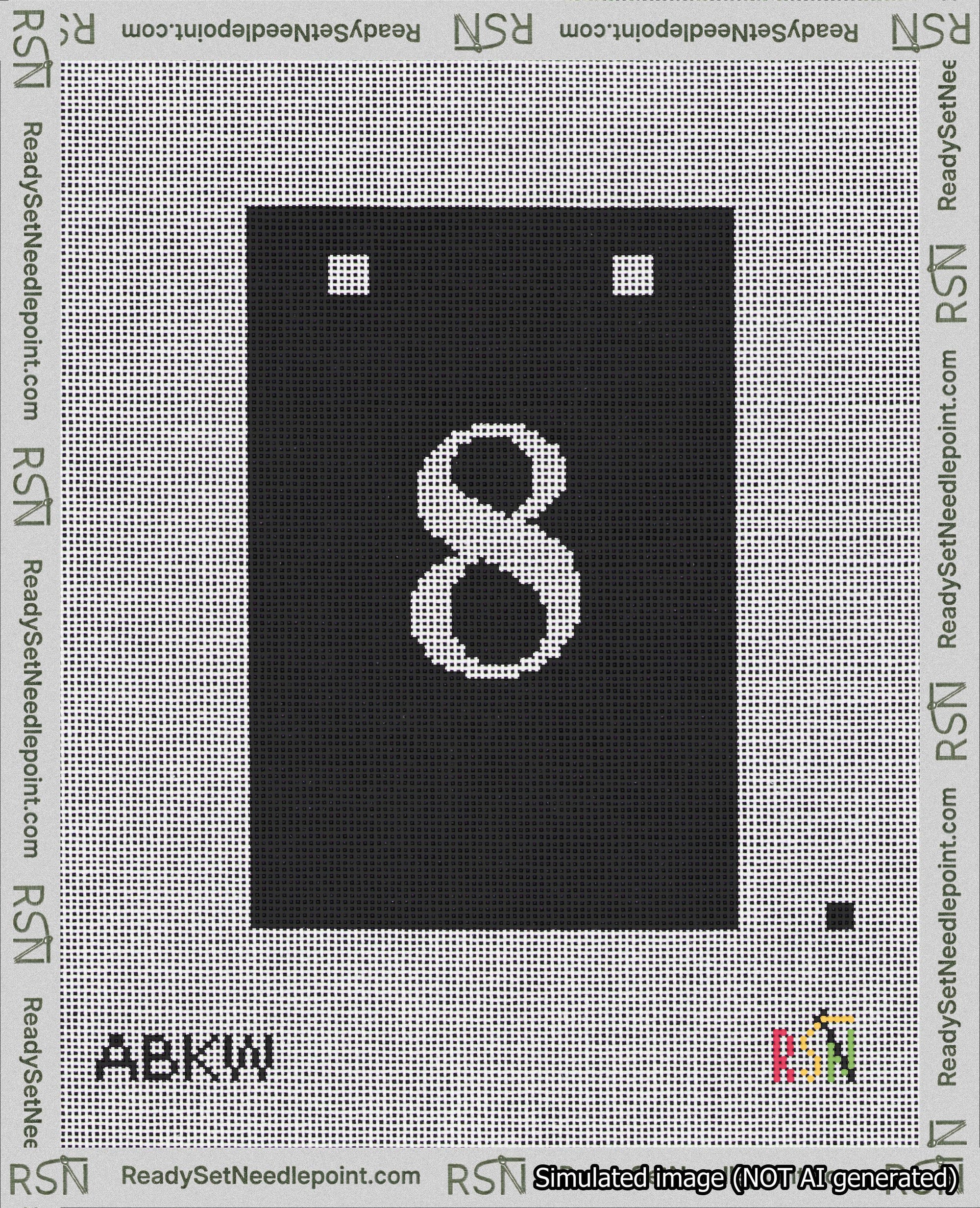 A taped needlepoint canvas with the design: Banner 18 mesh count Squared 8 White on Black.