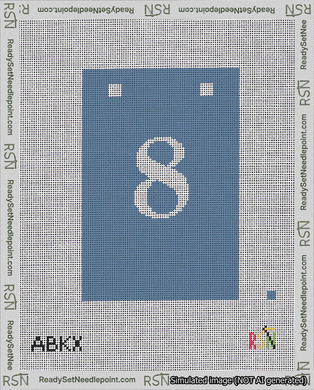 A taped needlepoint canvas with the design: Banner 18 mesh count Squared 8 White on Blue.
